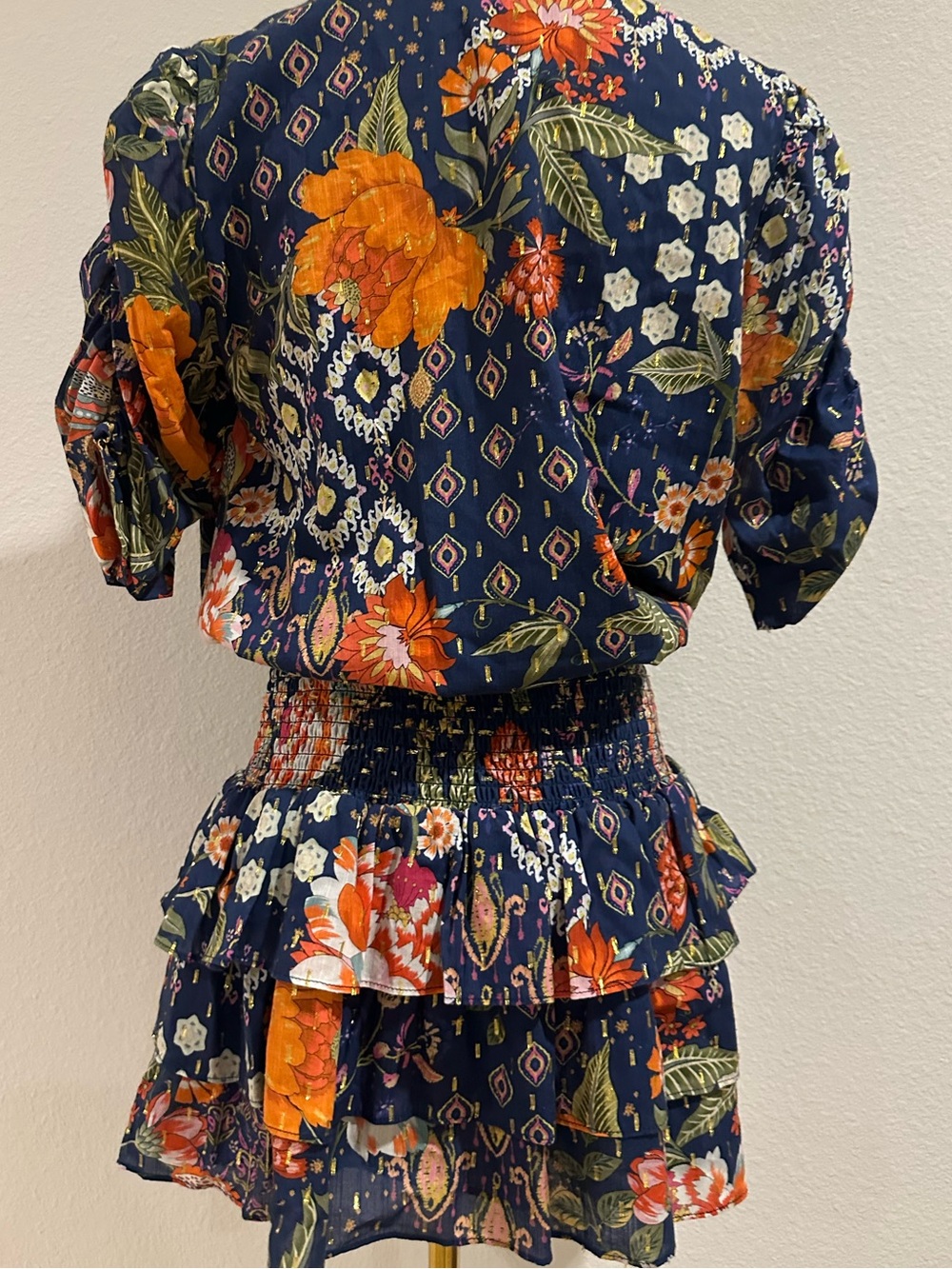 Amanda Uprichard Navy Floral Wrap Mini Dress with Orange & Green Accents - Picture 3 of 7